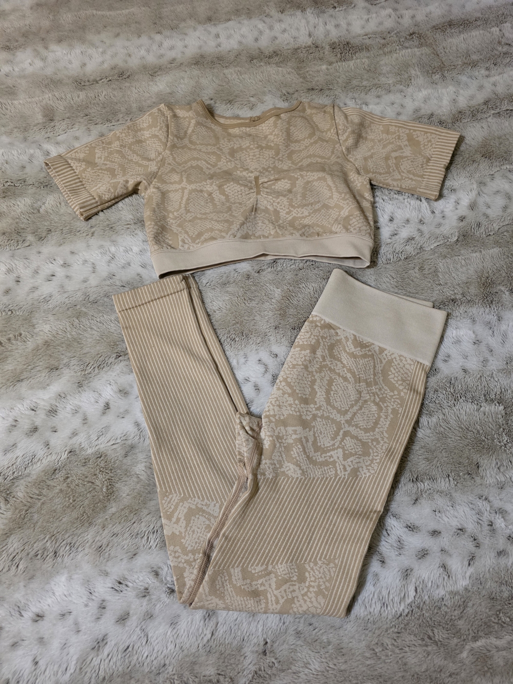 SHEIN Beige Snake Print Ribbed Leggings & Crop Top Set